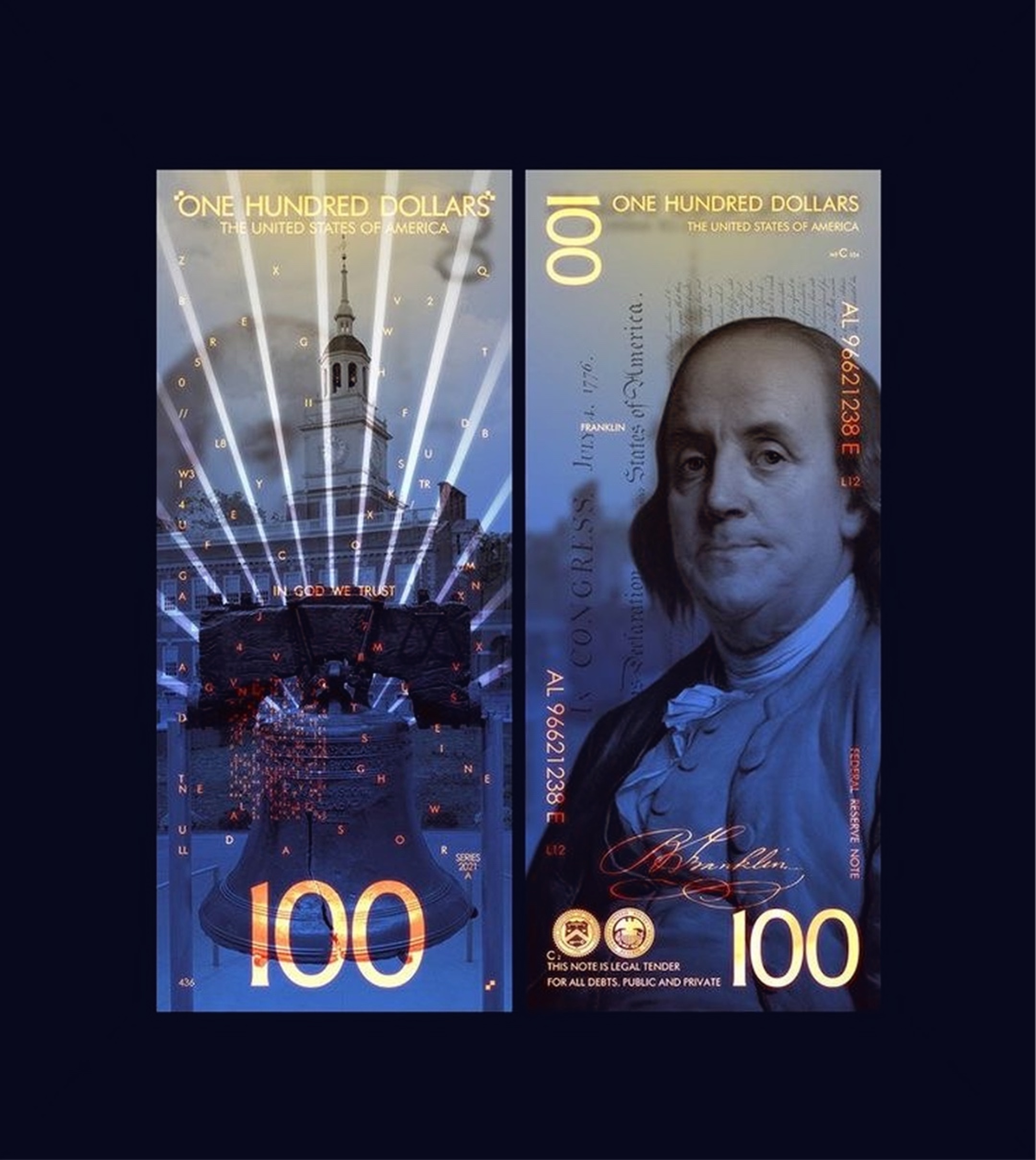Two hundred dollar bill designs side by side, one showing Independence Hall and the Liberty Bell, the other showing Benjamin Franklin's portrait.