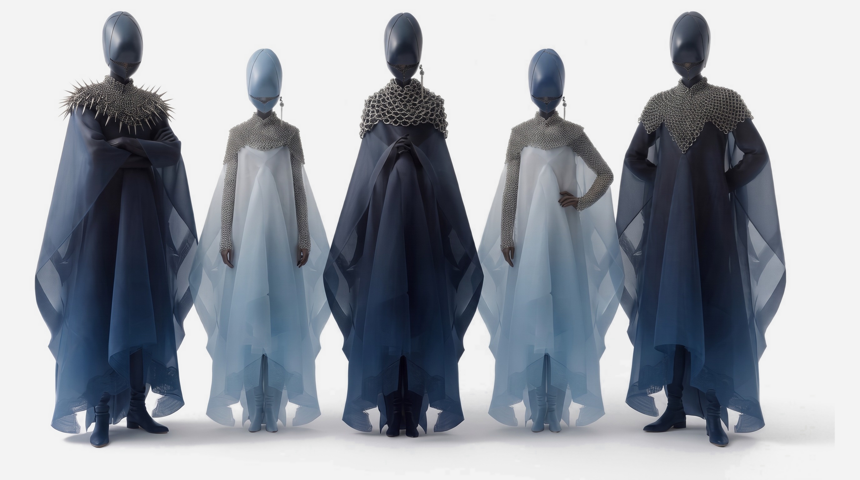 Five robed figures in graduated blue-grey tones, representing five team-member archetypes.